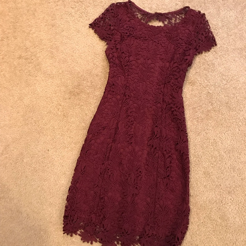 Lulus Romance language burgundy backless lace mini dress